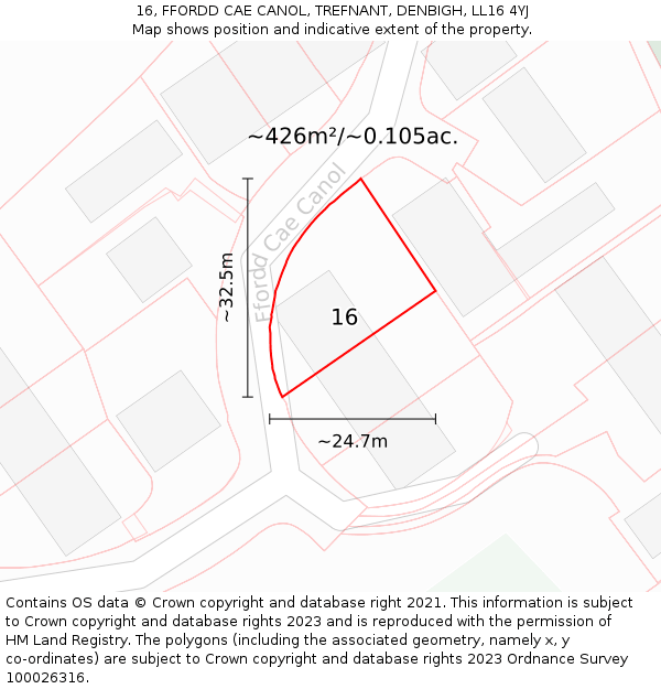 16, FFORDD CAE CANOL, TREFNANT, DENBIGH, LL16 4YJ: Plot and title map
