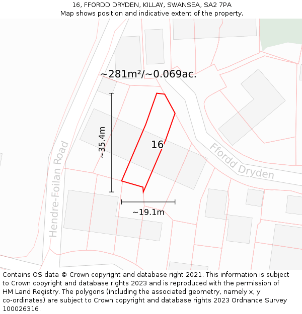 16, FFORDD DRYDEN, KILLAY, SWANSEA, SA2 7PA: Plot and title map