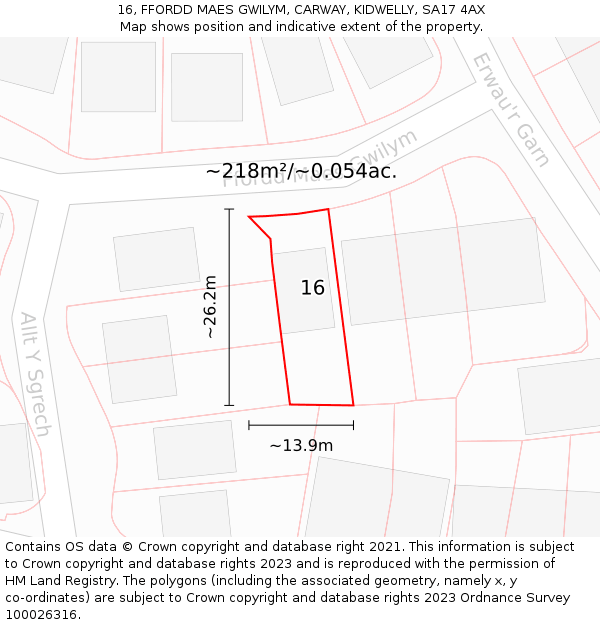 16, FFORDD MAES GWILYM, CARWAY, KIDWELLY, SA17 4AX: Plot and title map