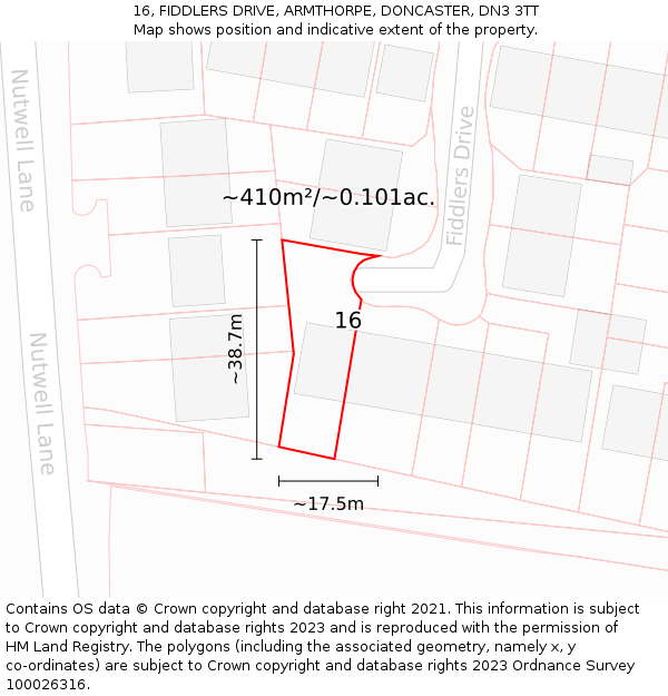 16, FIDDLERS DRIVE, ARMTHORPE, DONCASTER, DN3 3TT: Plot and title map