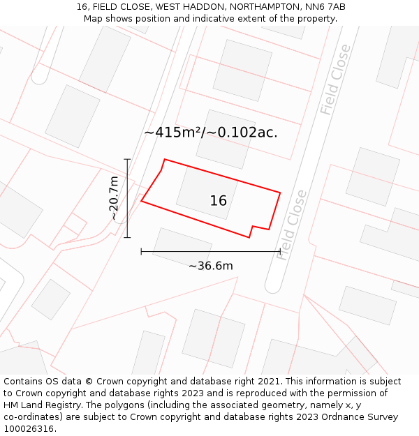 16, FIELD CLOSE, WEST HADDON, NORTHAMPTON, NN6 7AB: Plot and title map