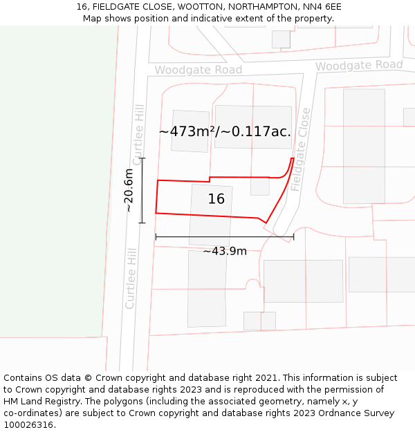 16, FIELDGATE CLOSE, WOOTTON, NORTHAMPTON, NN4 6EE: Plot and title map