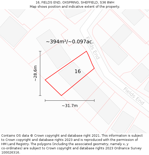 16, FIELDS END, OXSPRING, SHEFFIELD, S36 8WH: Plot and title map
