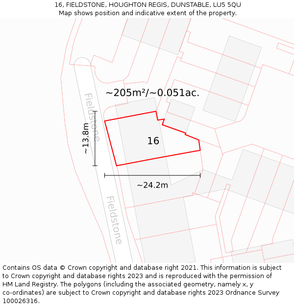 16, FIELDSTONE, HOUGHTON REGIS, DUNSTABLE, LU5 5QU: Plot and title map