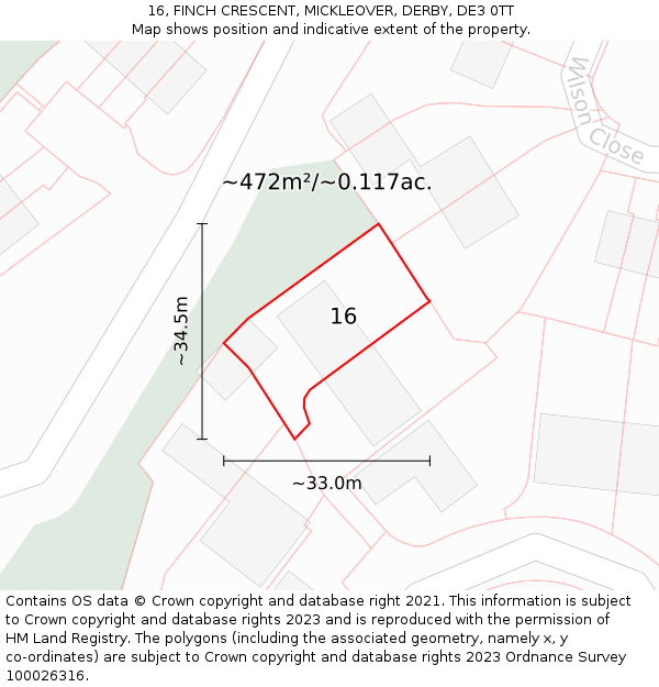 16, FINCH CRESCENT, MICKLEOVER, DERBY, DE3 0TT: Plot and title map
