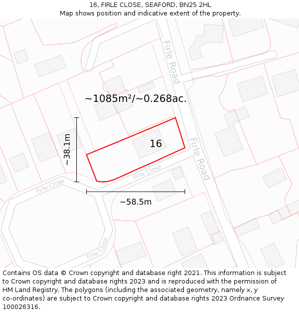 16, FIRLE CLOSE, SEAFORD, BN25 2HL: Plot and title map