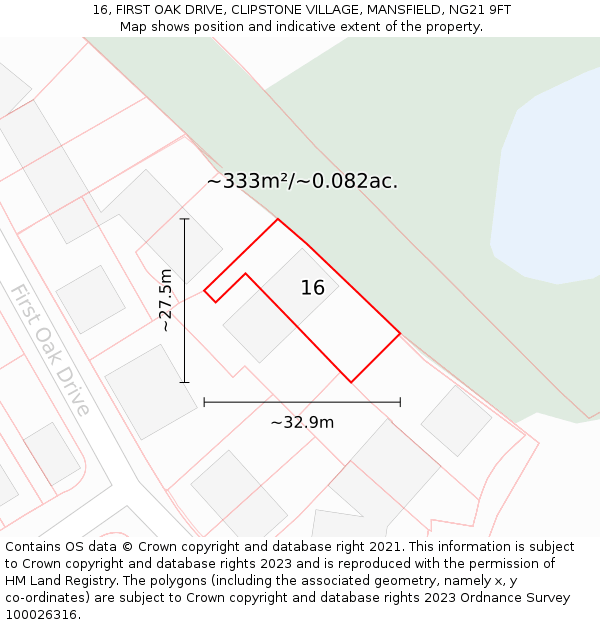16, FIRST OAK DRIVE, CLIPSTONE VILLAGE, MANSFIELD, NG21 9FT: Plot and title map