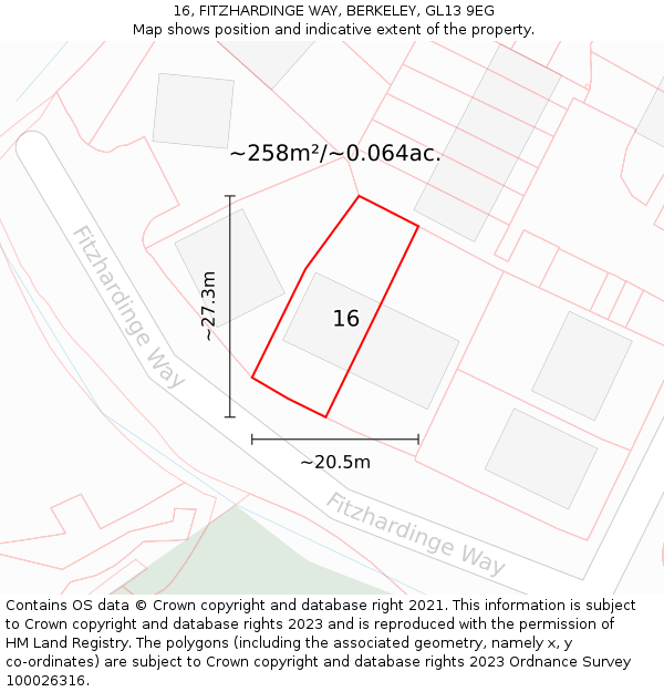 16, FITZHARDINGE WAY, BERKELEY, GL13 9EG: Plot and title map