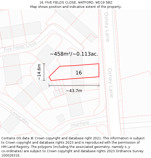 16, FIVE FIELDS CLOSE, WATFORD, WD19 5BZ: Plot and title map