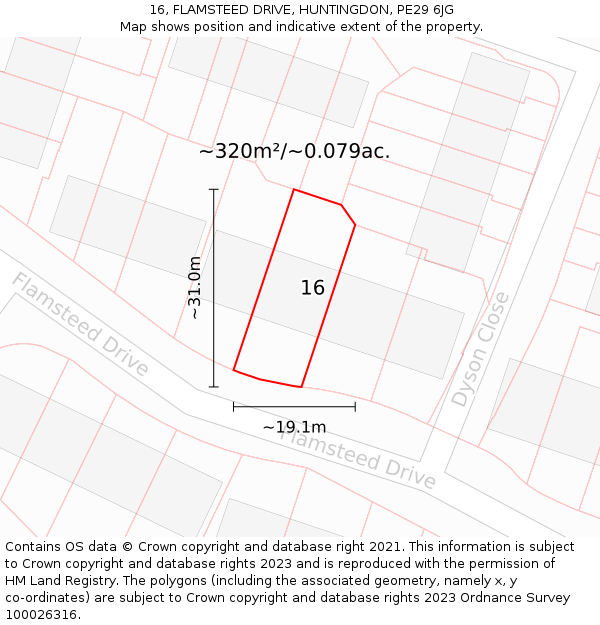 16, FLAMSTEED DRIVE, HUNTINGDON, PE29 6JG: Plot and title map