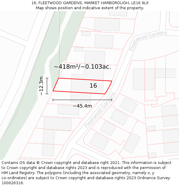 16, FLEETWOOD GARDENS, MARKET HARBOROUGH, LE16 9LX: Plot and title map
