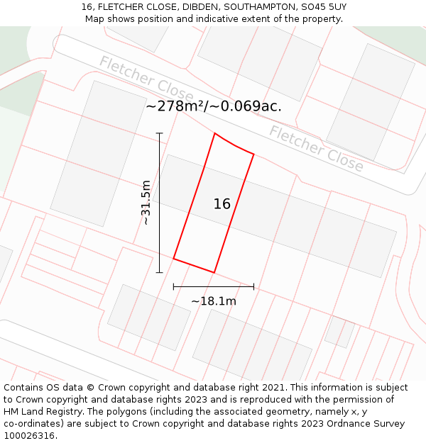 16, FLETCHER CLOSE, DIBDEN, SOUTHAMPTON, SO45 5UY: Plot and title map