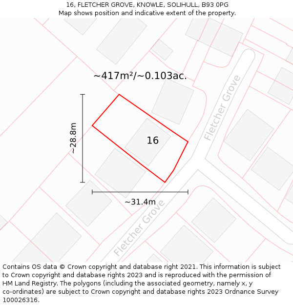 16, FLETCHER GROVE, KNOWLE, SOLIHULL, B93 0PG: Plot and title map