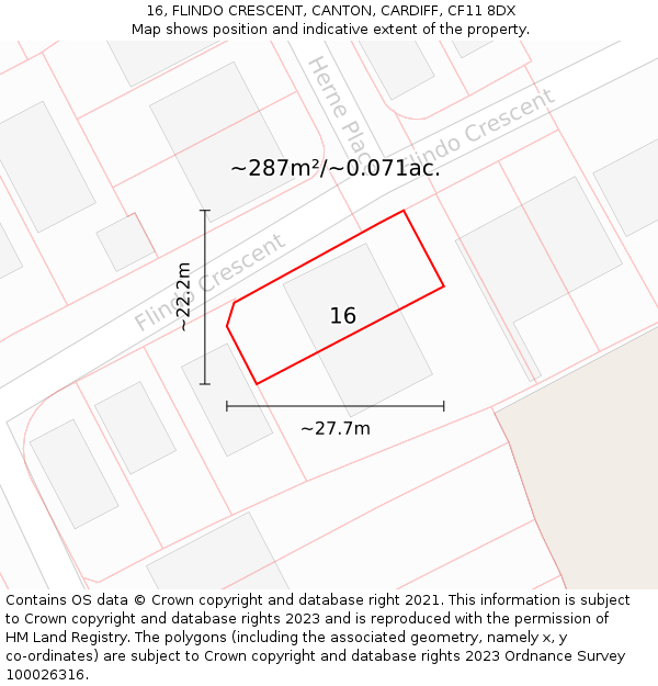 16, FLINDO CRESCENT, CANTON, CARDIFF, CF11 8DX: Plot and title map