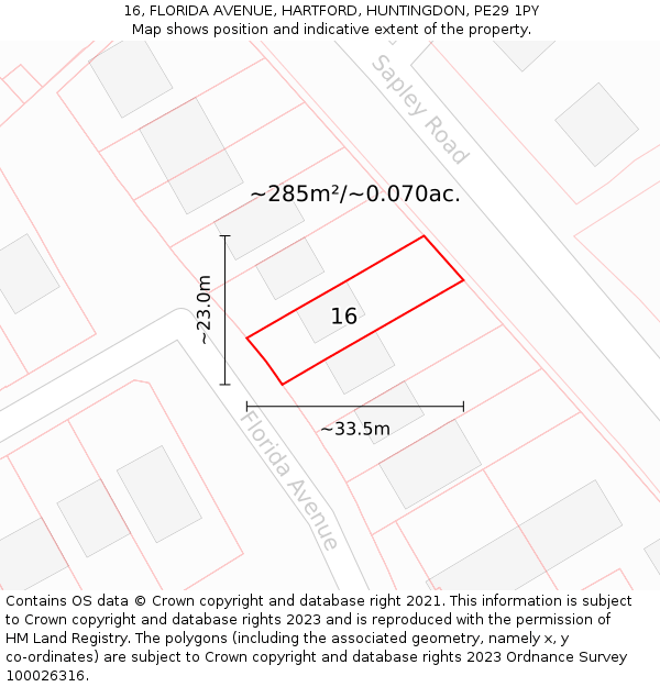 16, FLORIDA AVENUE, HARTFORD, HUNTINGDON, PE29 1PY: Plot and title map