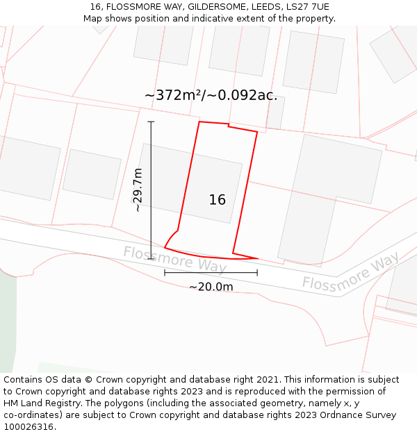 16, FLOSSMORE WAY, GILDERSOME, LEEDS, LS27 7UE: Plot and title map