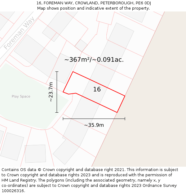 16, FOREMAN WAY, CROWLAND, PETERBOROUGH, PE6 0DJ: Plot and title map