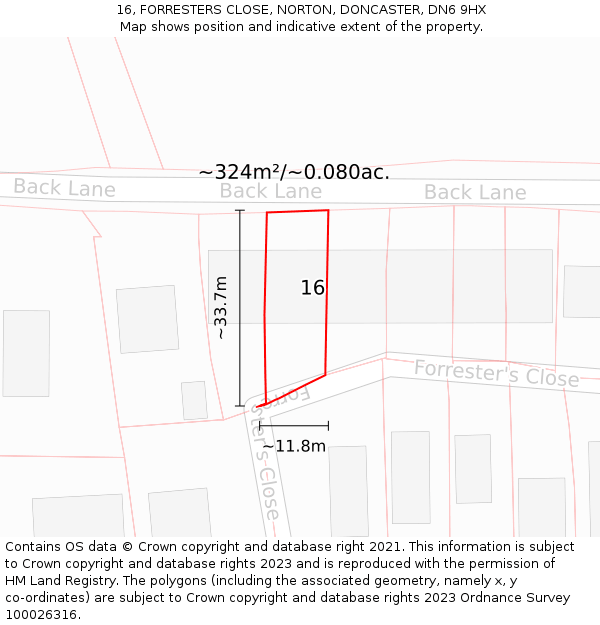 16, FORRESTERS CLOSE, NORTON, DONCASTER, DN6 9HX: Plot and title map