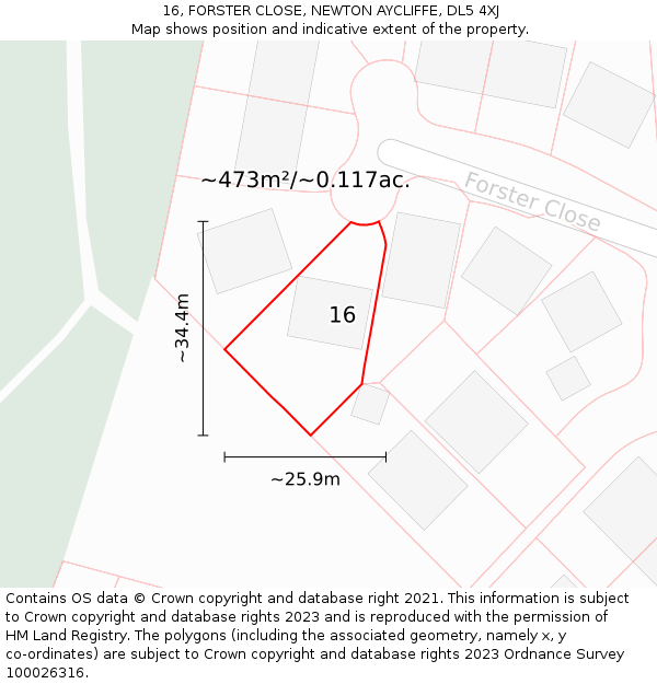 16, FORSTER CLOSE, NEWTON AYCLIFFE, DL5 4XJ: Plot and title map