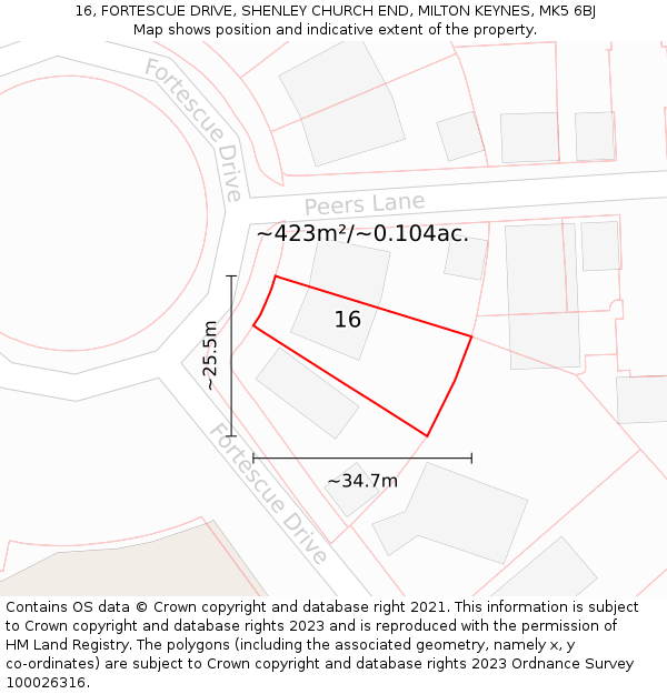 16, FORTESCUE DRIVE, SHENLEY CHURCH END, MILTON KEYNES, MK5 6BJ: Plot and title map