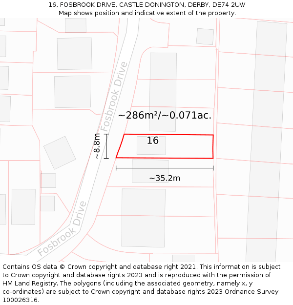 16, FOSBROOK DRIVE, CASTLE DONINGTON, DERBY, DE74 2UW: Plot and title map