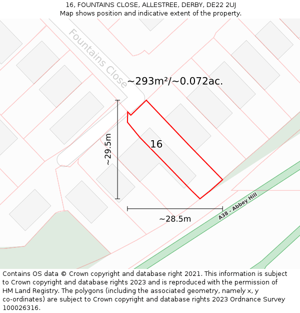 16, FOUNTAINS CLOSE, ALLESTREE, DERBY, DE22 2UJ: Plot and title map