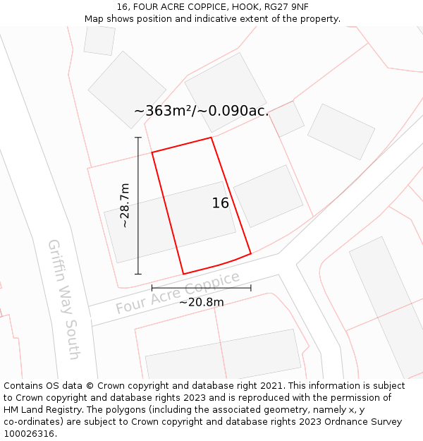 16, FOUR ACRE COPPICE, HOOK, RG27 9NF: Plot and title map