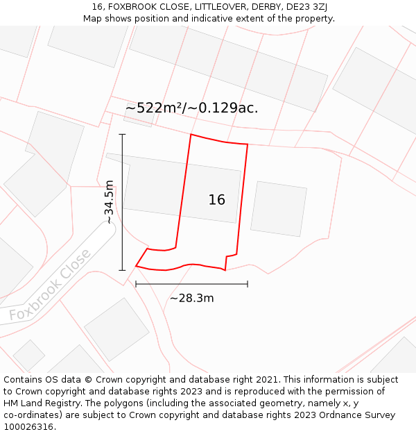 16, FOXBROOK CLOSE, LITTLEOVER, DERBY, DE23 3ZJ: Plot and title map