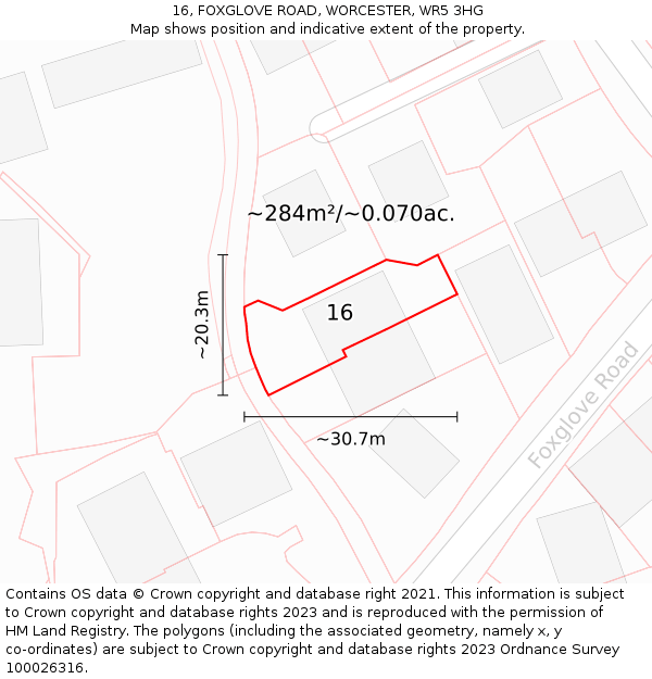 16, FOXGLOVE ROAD, WORCESTER, WR5 3HG: Plot and title map