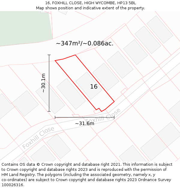 16, FOXHILL CLOSE, HIGH WYCOMBE, HP13 5BL: Plot and title map