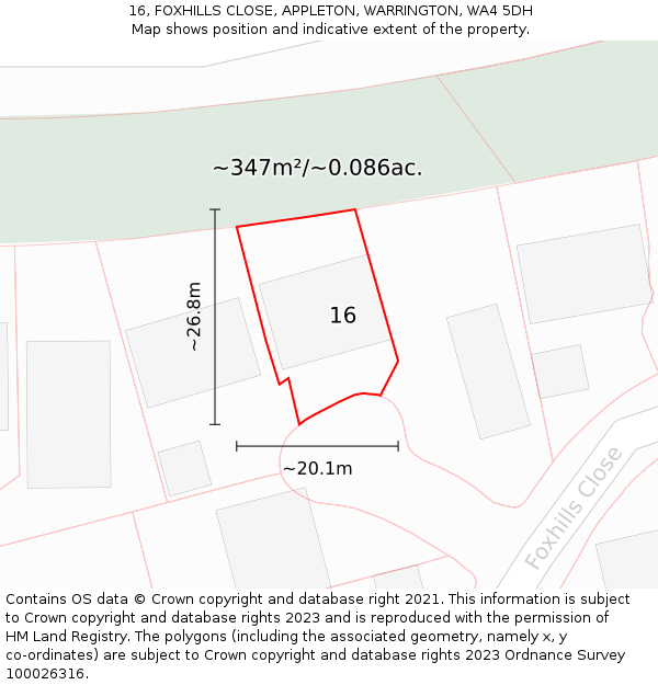 16, FOXHILLS CLOSE, APPLETON, WARRINGTON, WA4 5DH: Plot and title map