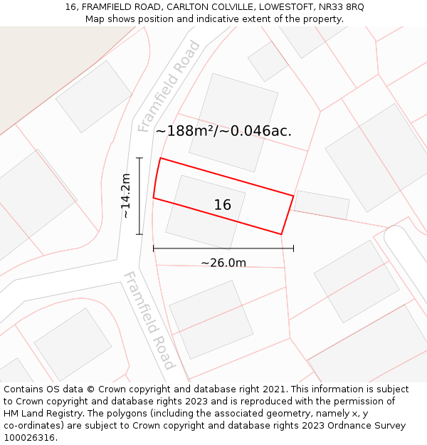 16, FRAMFIELD ROAD, CARLTON COLVILLE, LOWESTOFT, NR33 8RQ: Plot and title map