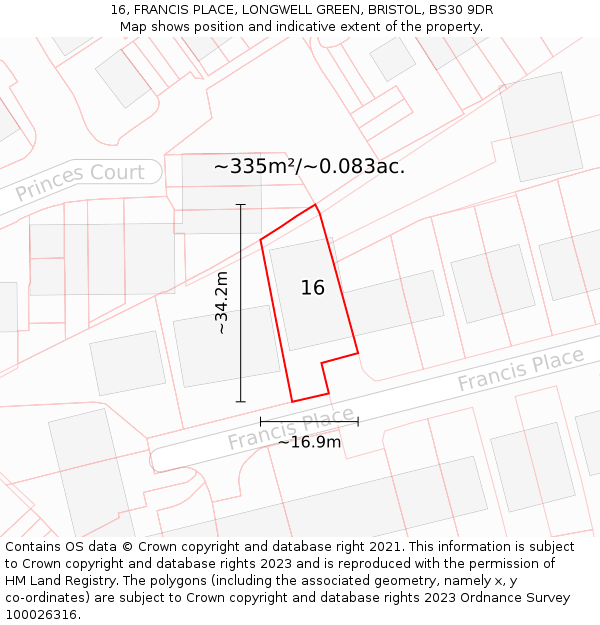 16, FRANCIS PLACE, LONGWELL GREEN, BRISTOL, BS30 9DR: Plot and title map