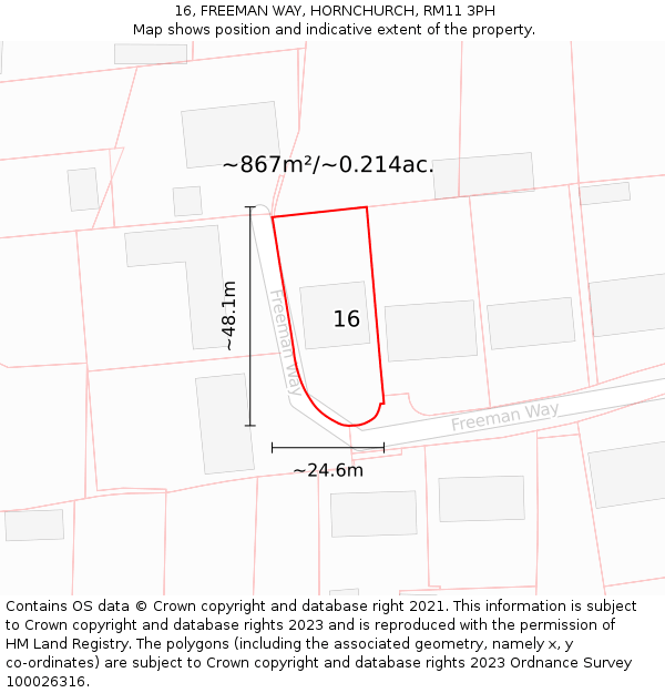 16, FREEMAN WAY, HORNCHURCH, RM11 3PH: Plot and title map