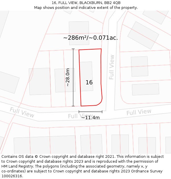 16, FULL VIEW, BLACKBURN, BB2 4QB: Plot and title map