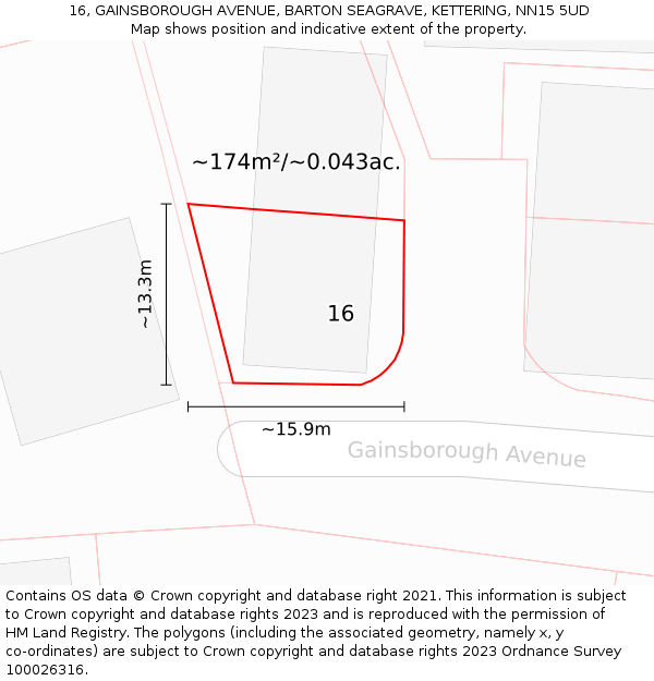 16, GAINSBOROUGH AVENUE, BARTON SEAGRAVE, KETTERING, NN15 5UD: Plot and title map