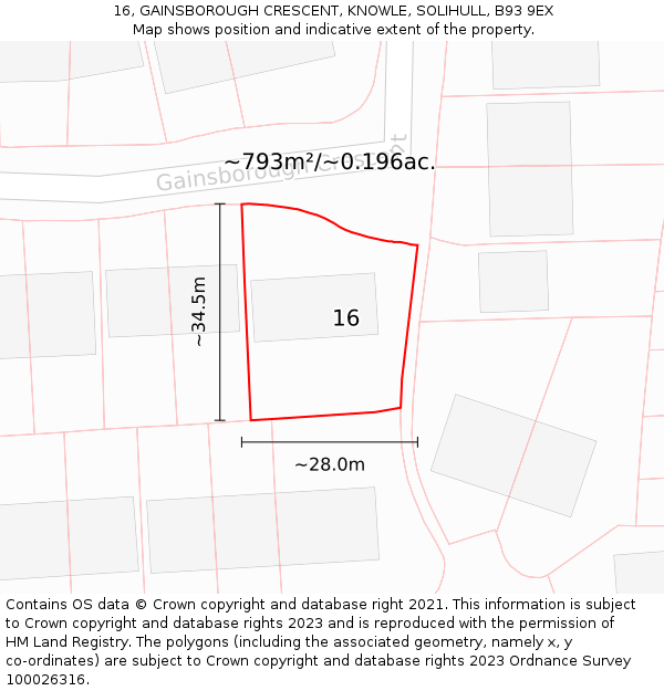 16, GAINSBOROUGH CRESCENT, KNOWLE, SOLIHULL, B93 9EX: Plot and title map