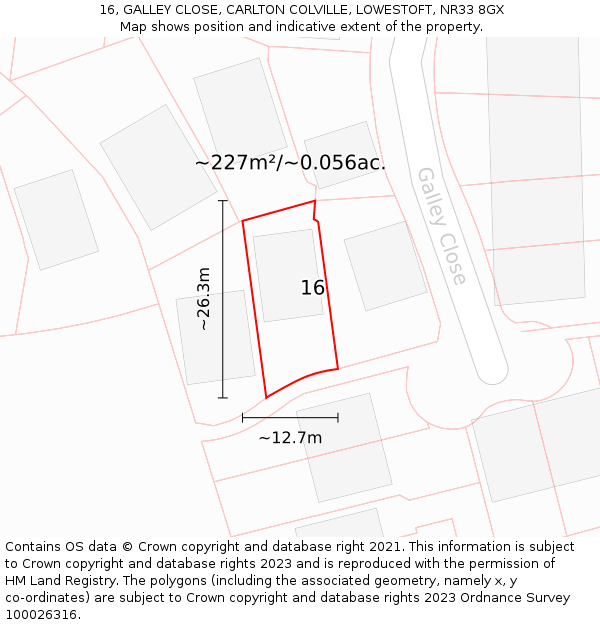 16, GALLEY CLOSE, CARLTON COLVILLE, LOWESTOFT, NR33 8GX: Plot and title map