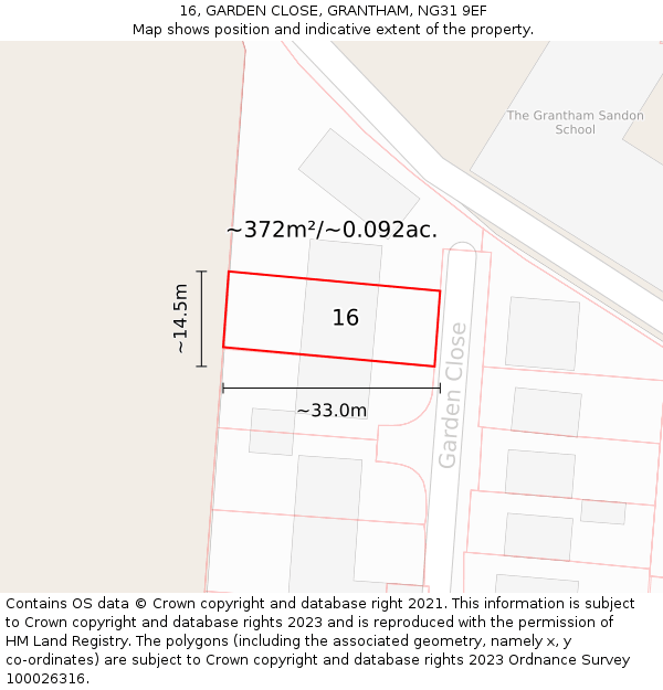 16, GARDEN CLOSE, GRANTHAM, NG31 9EF: Plot and title map