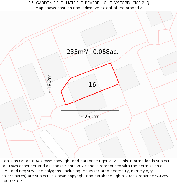 16, GARDEN FIELD, HATFIELD PEVEREL, CHELMSFORD, CM3 2LQ: Plot and title map