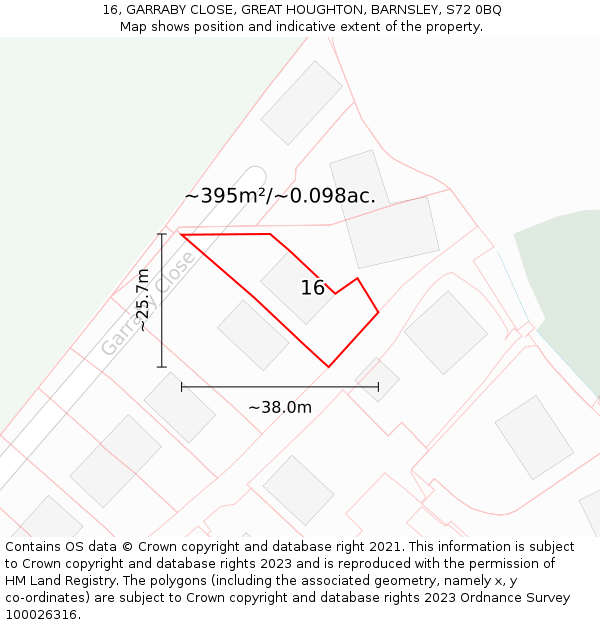 16, GARRABY CLOSE, GREAT HOUGHTON, BARNSLEY, S72 0BQ: Plot and title map