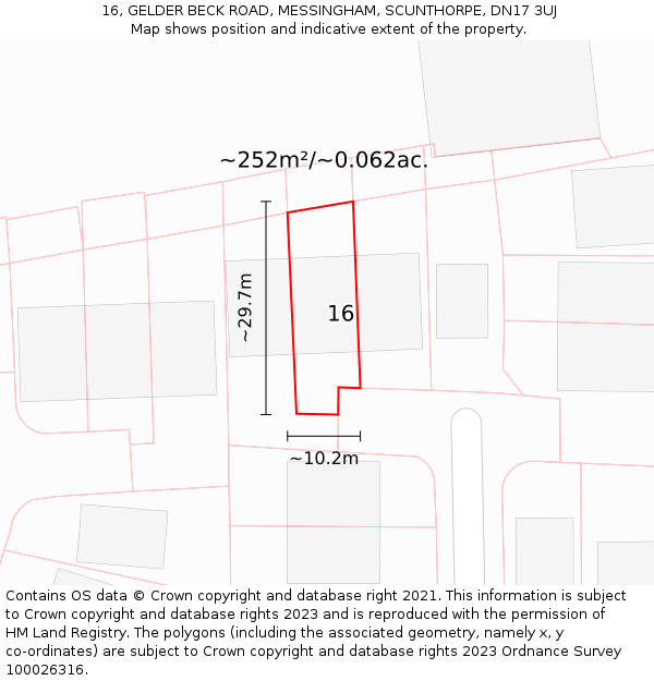 16, GELDER BECK ROAD, MESSINGHAM, SCUNTHORPE, DN17 3UJ: Plot and title map