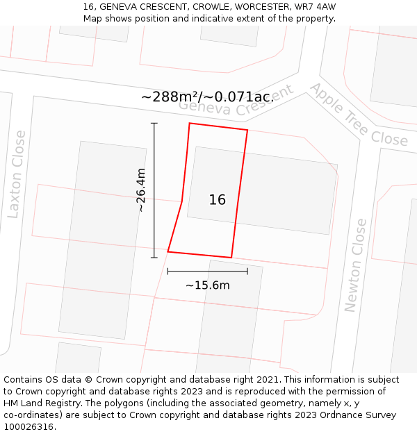 16, GENEVA CRESCENT, CROWLE, WORCESTER, WR7 4AW: Plot and title map