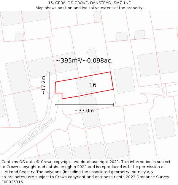 16, GERALDS GROVE, BANSTEAD, SM7 1NE: Plot and title map