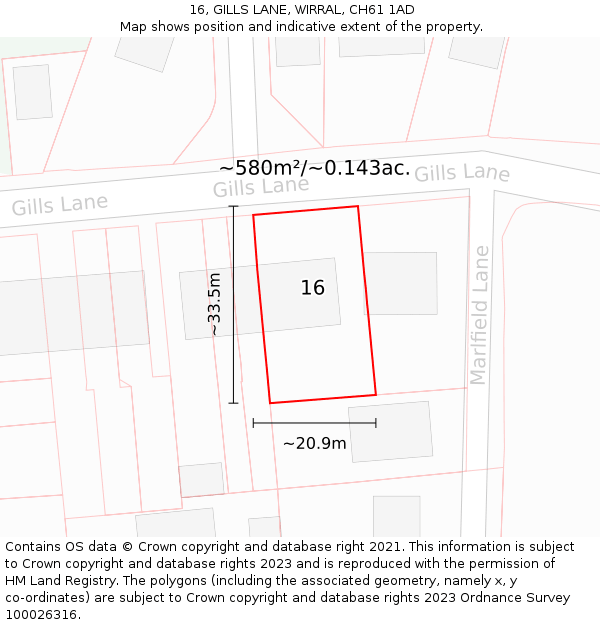 16, GILLS LANE, WIRRAL, CH61 1AD: Plot and title map