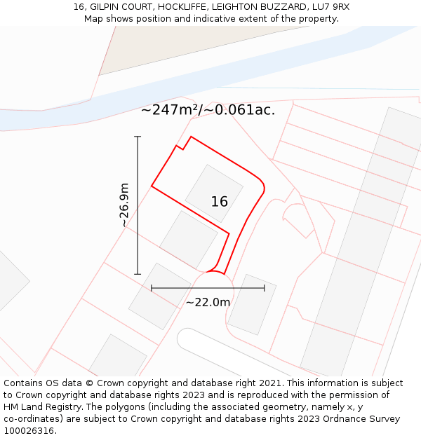 16, GILPIN COURT, HOCKLIFFE, LEIGHTON BUZZARD, LU7 9RX: Plot and title map