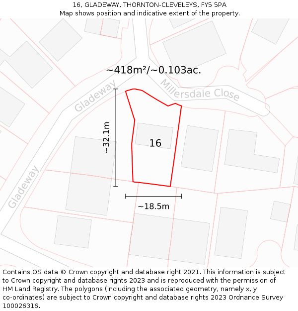 16, GLADEWAY, THORNTON-CLEVELEYS, FY5 5PA: Plot and title map