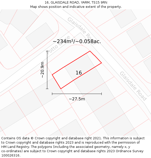 16, GLAISDALE ROAD, YARM, TS15 9RN: Plot and title map