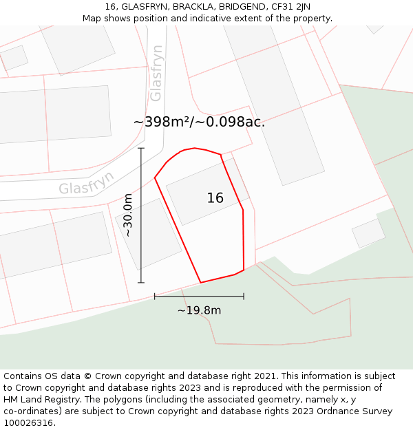 16, GLASFRYN, BRACKLA, BRIDGEND, CF31 2JN: Plot and title map