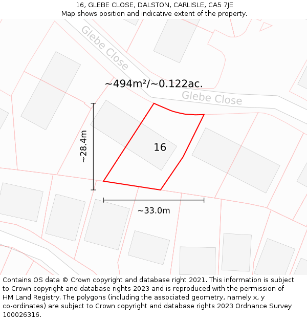 16, GLEBE CLOSE, DALSTON, CARLISLE, CA5 7JE: Plot and title map